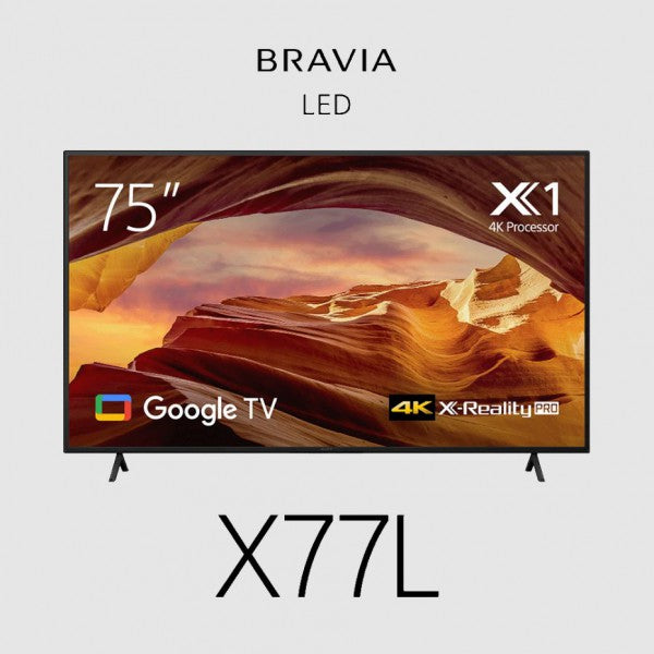 Sony Bravia X77L 75" Television, 4K UHD, 450-cd/m2 Brightness, Direct LED, HDR10/HLG/Dolby Vision, 300x300 VESA, Google TV, 3 Year Warranty