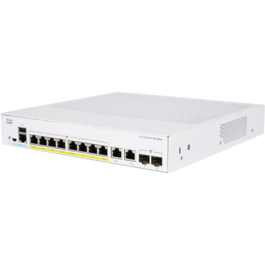 Cisco Business 350, 8-Port Gigabit Managed Switch with 8 PoE RJ45 and 2 SFP Combo Ports, 120W, Internal, Universal Power