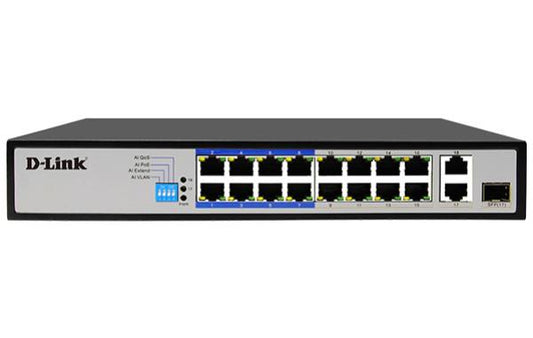 D-Link 18-Port Unmanaged PoE Switch with 16 PoE RJ45 and 2 Uplink Ports