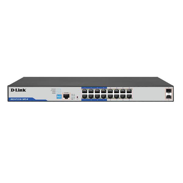 D-Link DGS-F1210, 18-Port Gigabit Smart Managed PoE+ Switch with 16 PoE RJ45 and 2 SFP Ports